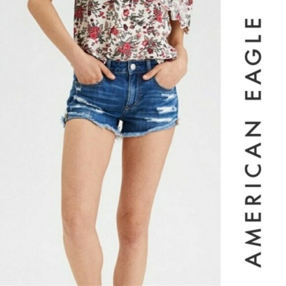 AEO Super Low Shortie Distressed Ripped Shorts - Picture 1 of 5